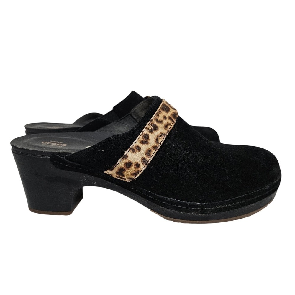 Crocs Clogs Womens 9 Black Sarah Leopard Print Suede Block Heel Mules Boho Y2K
